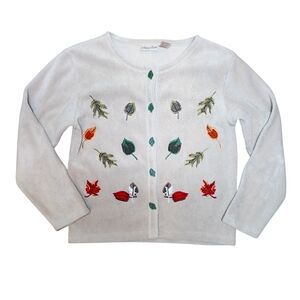 Vintage 90s Embroidered Leaf Fall Cardigan Tan Fleece‎ Fairy Forest Grannycore M